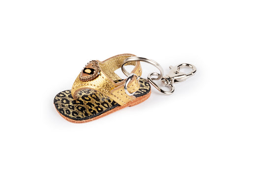 Portachiavi infradito in pelle color oro con cuoricino