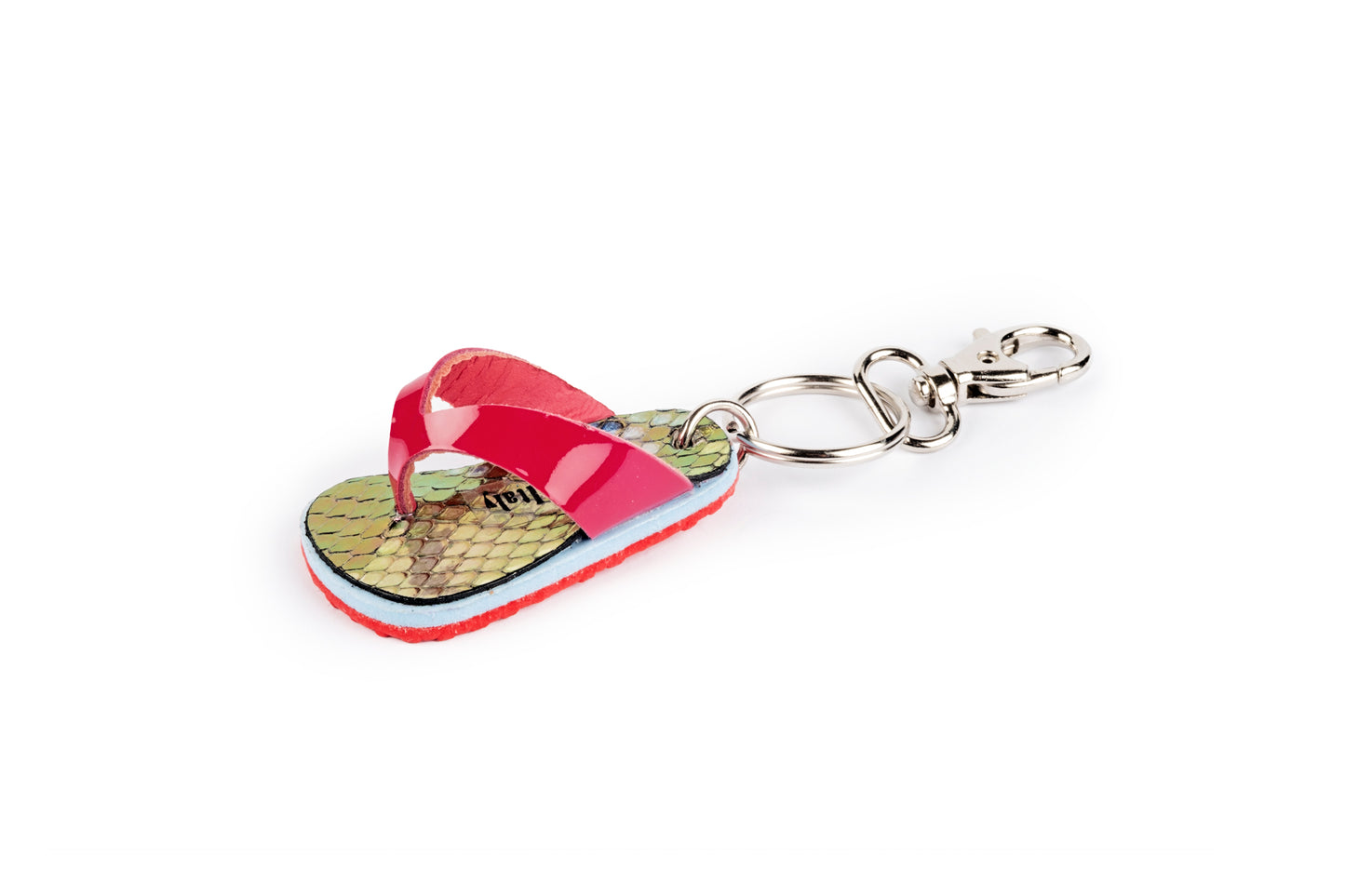 Fuchsia flip-flop keyring with red sole