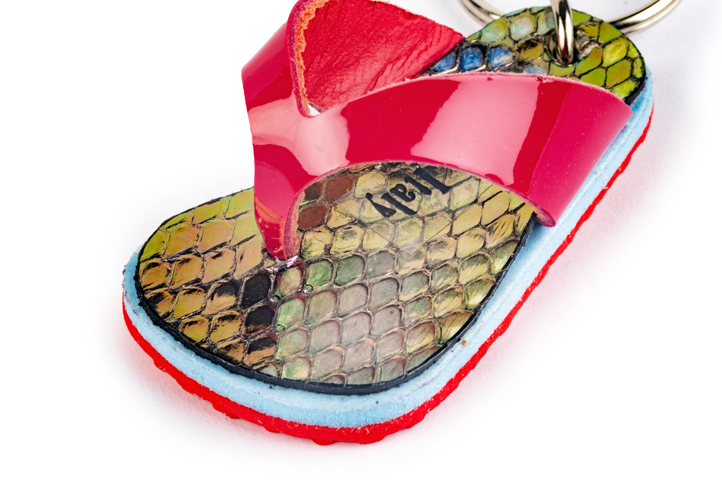 Fuchsia flip-flop keyring with red sole