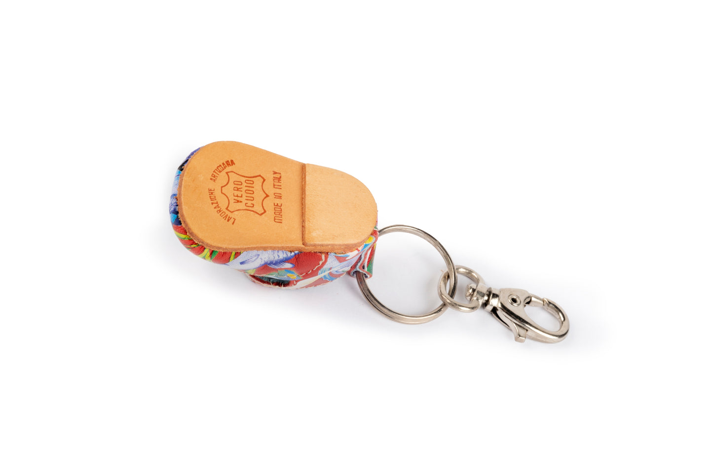Red baby shoe keyring with fish pattern