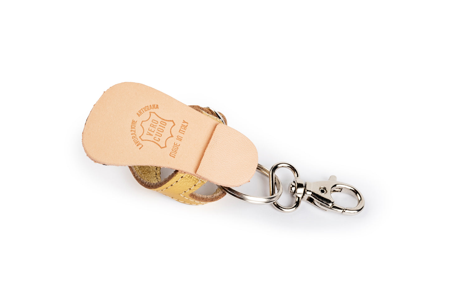 Gold-coloured leather flip-flop keyring with heart charm