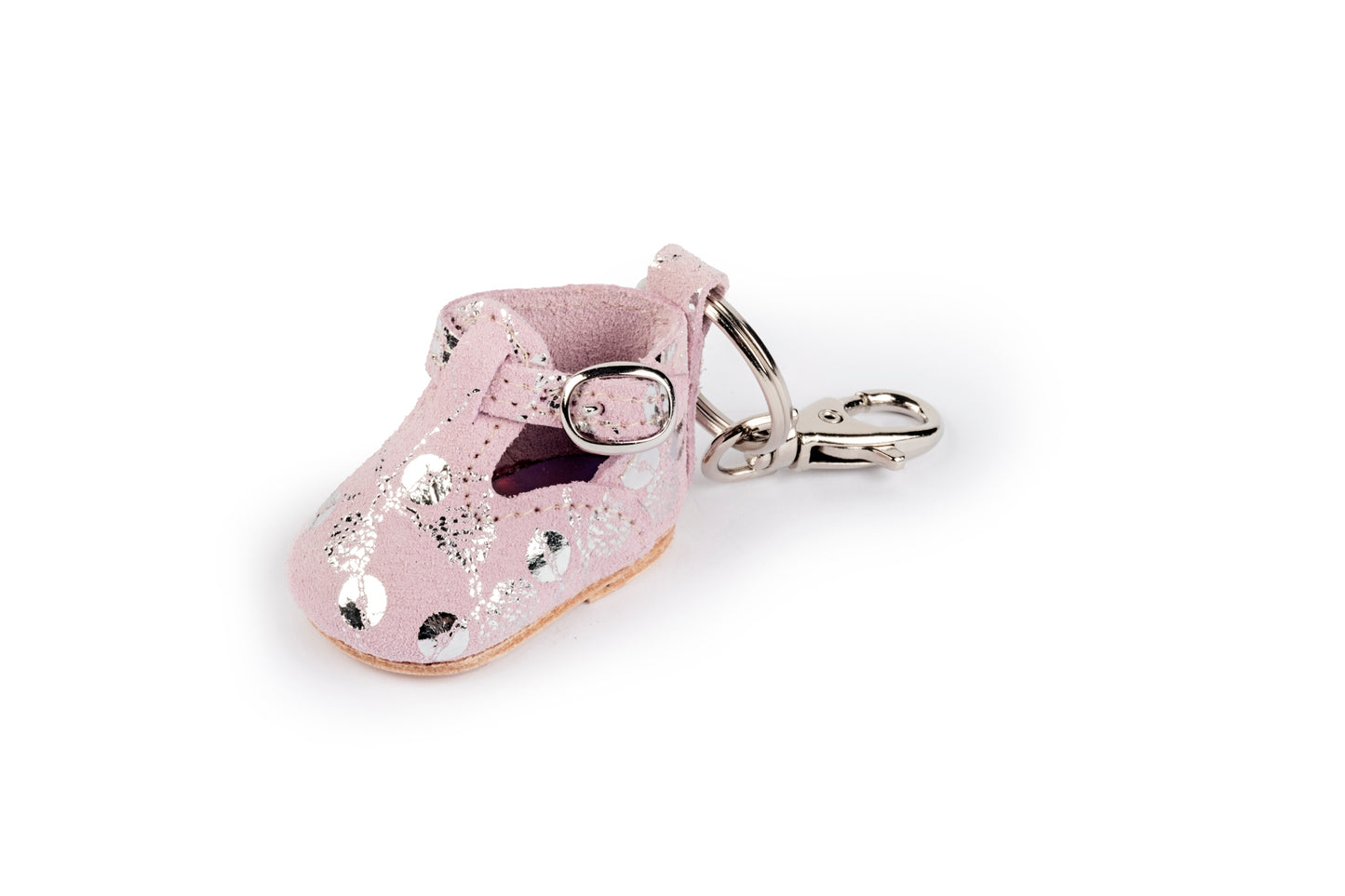 Pink baby shoe keychain with silver design