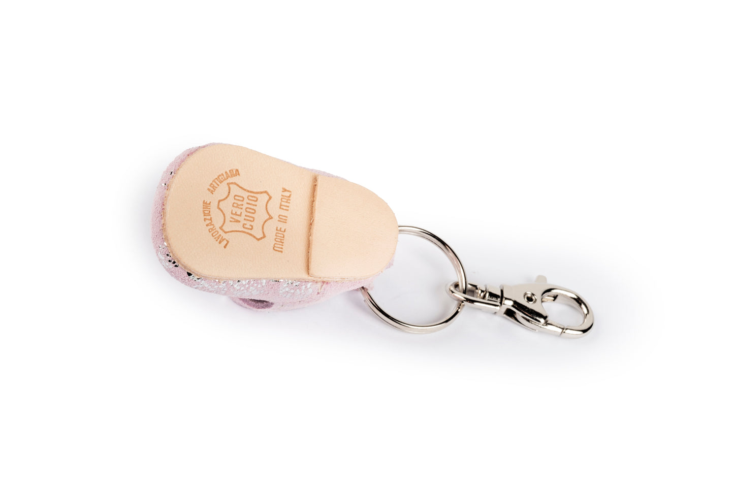 Pink baby shoe keychain with silver design