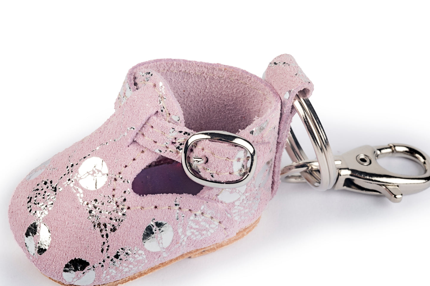 Pink baby shoe keychain with silver design