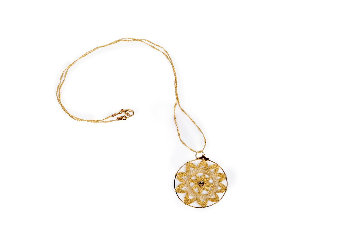 Bobbin lace pendant in metallic gold with a sparkling detail
