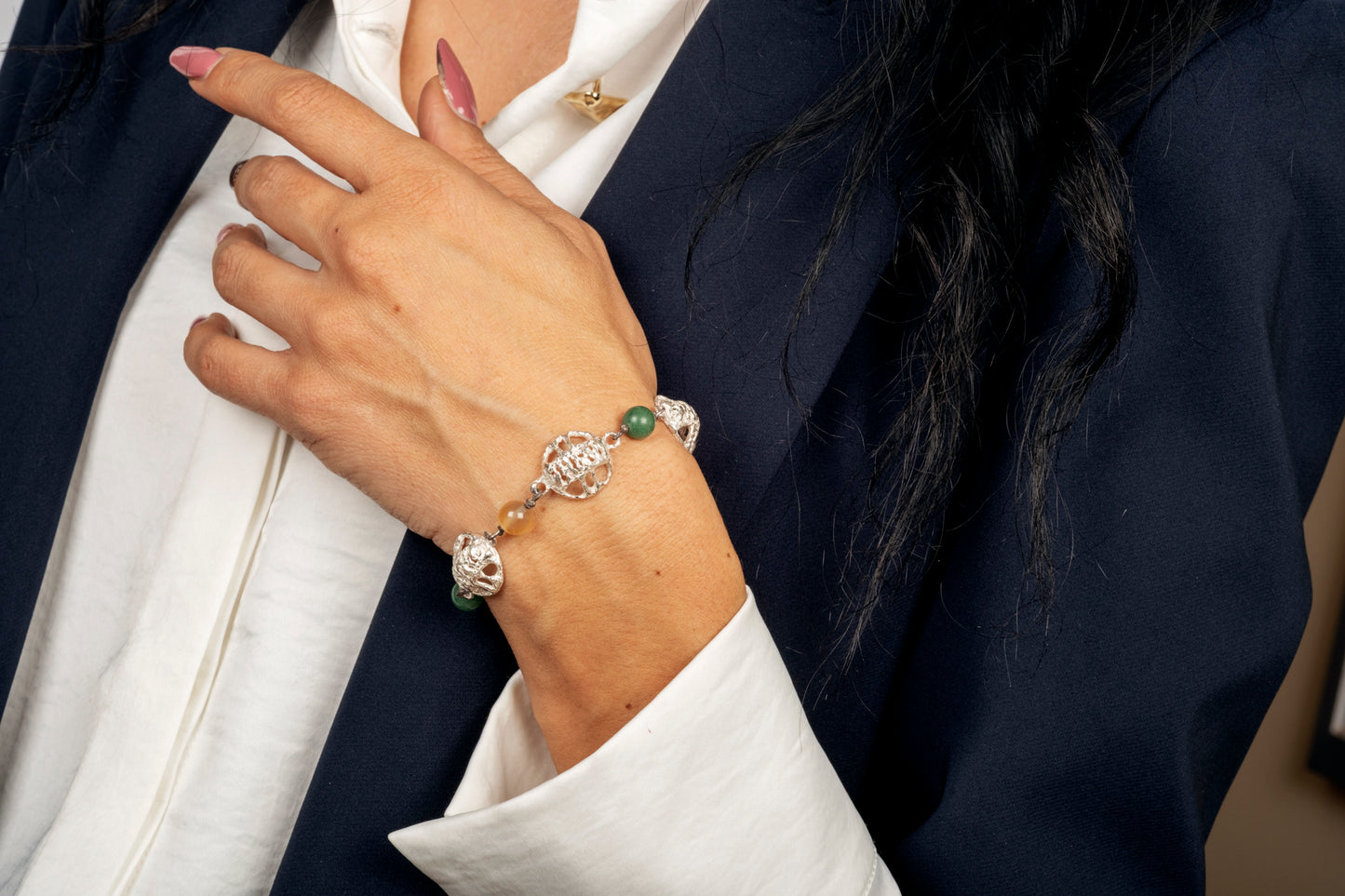 Bracciale argento, giada e corniola
